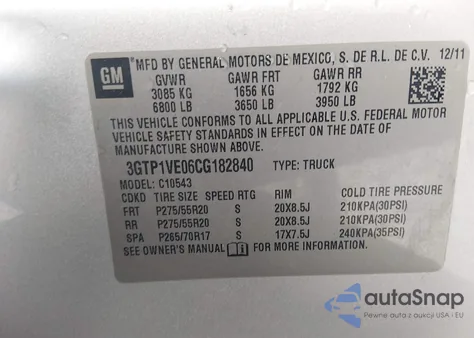 2012 GMC Sierra 1500 Sle z USA, uszkodzony, nr VIN 3GTP1VE06CG182840